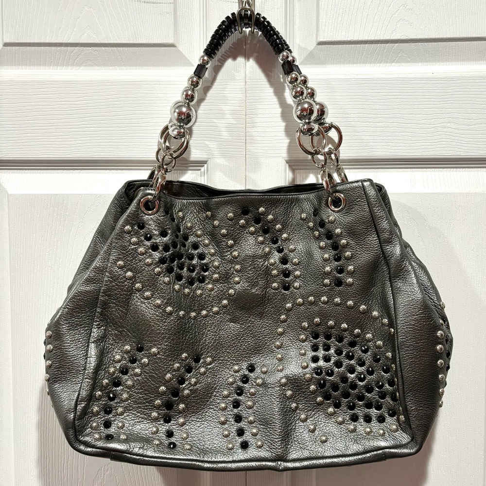 ORIGINAL BY SHARIF 1827 Silver/Metallic/Gray Studded Beaded Tote Handbag Purse